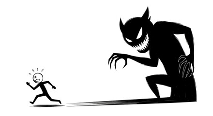 Fototapeta premium A frightened little person flees a large menacing shadow creature with sharp claws and teeth across a stark white background illustrating a chase or confrontation with an unseen threat