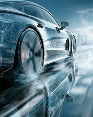 Futuristic autonomous car driving on a smart highway with city skyline and clear blue sky reflections.