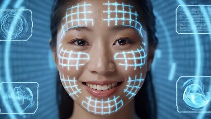 facial recognition technology scanning a smiling woman's face with digital grid overlay and surrounding biometric data displays - Powered by Adobe