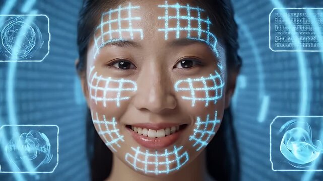 facial recognition technology scanning a smiling woman's face with digital grid overlay and surrounding biometric data displays
