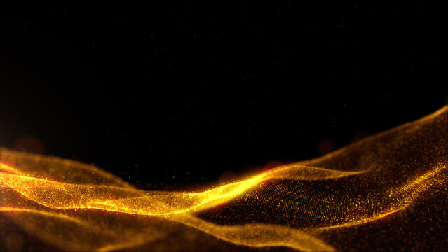 Abstract glowing golden particle wave on black background, perfect for tech, luxury, or digital background use. 3d rendering background