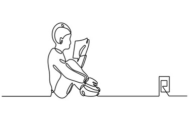 A minimalist line drawing depicts a child comfortably seated, deeply engrossed in reading a book. The singleline art style emphasizes the peaceful moment of quiet reading and absorption in literature.