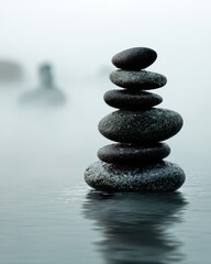 Serene Stacked Stones on Calm Water Surface in Misty Atmosphere for Tranquility and Meditation