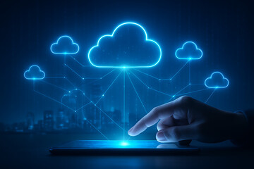 A finger taps a tablet screen showing a hologram of a connected cloud network, representing cloud computing and data storage in modern technology