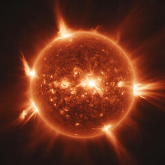 Fiery solar flare erupts from the sun's surface creating a brilliant cosmic spectacle white background