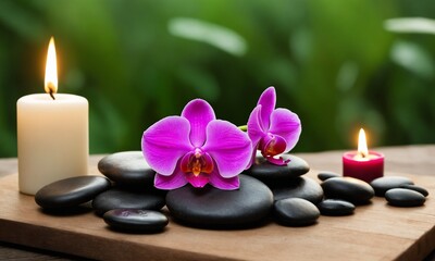 Find serenity with these vibrant orchids and smooth stones, perfect for spa promotions and wellness designs