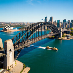 Fototapeta premium Iconic sydney harbour bridge and opera house cityscape on a clear sunny day white background