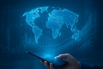 a businessman holding a smartphone with a hologram of a glowing global map and a rising stock market graph with data on the background