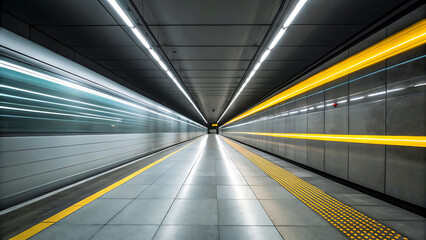 Obraz premium Blurry light trails in a modern subway station create a sense of speed and motion