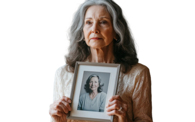 Cancer survivor holding framed photo as a symbol of her treatment journey and resilience isolated on transparent background PNG