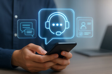 A person is shown holding a phone with a holographic glowing blue chat bubble and headset icon, symbolizing a concept of a digital assistant or a customer service chatbot
