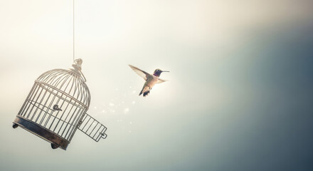 A hummingbird flying away from an open birdcage hanging in the bright sky during the daytime