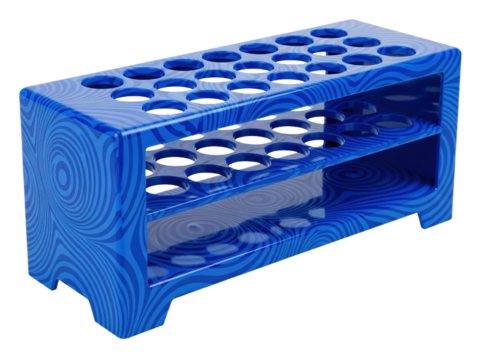 Blue plastic laboratory test tube rack with a hypnotic pattern on a transparent background