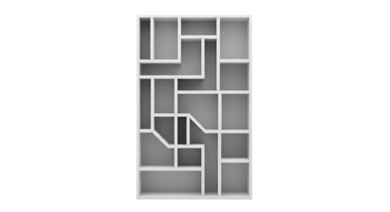 Modern white shelf with geometric design isolated on transparent background