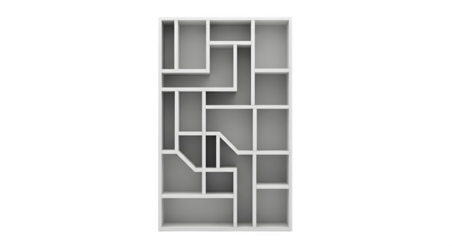 Modern white shelf with geometric design isolated on transparent background