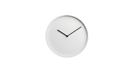 Minimalist white wall clock isolated on transparent background for timekeeping