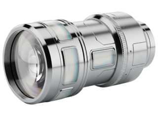 Futuristic high-tech camera lens with glowing side panels on a transparent background