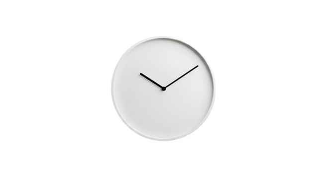 Minimalist white wall clock isolated on transparent background for timekeeping
