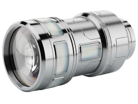 Futuristic high-tech camera lens with glowing side panels on a transparent background