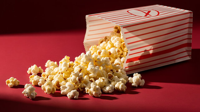 Classic red striped popcorn box spilling kernels on red surface