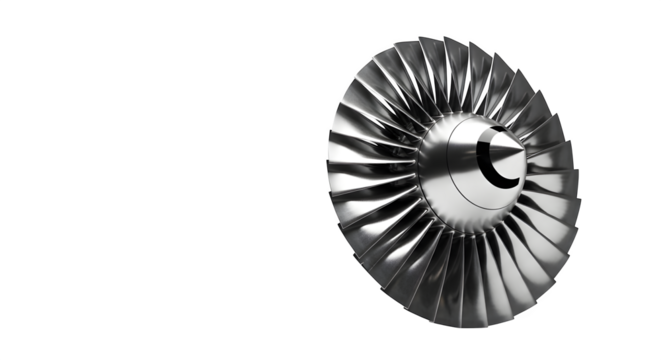 Jet engine turbine isolated on transparent background, a powerful machine part