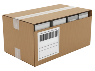 Open corrugated cardboard box for shipping with a barcode label on a transparent background