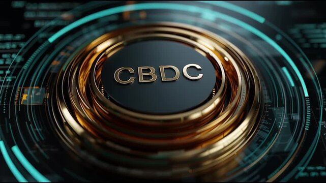 CBDC. Central Bank Digital Currency. Monetary policy. Financial system. A close-up of a circular design featuring 'CBDC' in gold.