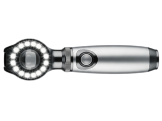 Handheld medical dermatoscope with LED lights for skin exam on a transparent background
