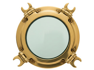 Vintage brass ship porthole window with glass and hinges on a transparent background