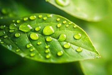 Close-up of a vibrant green leaf covered in dew drops