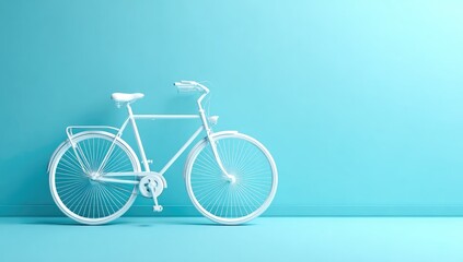 Minimalist white bicycle on blue background, simple design concept.