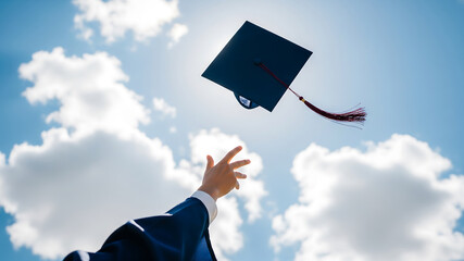 Student throws graduation cap in the air celebrating achievement against blue sky