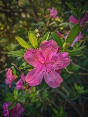 Close-up of vibrant pink azalea flower, lush green foliage