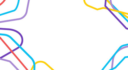 Abstract arrangement of blue yellow purple and red lines crossing and curving against a white background