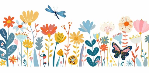 Fototapeta premium Colorful floral border with dragonfly and butterfly