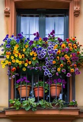Fototapeta premium Colorful flower boxes on a balcony