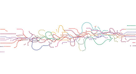 The image presents a series of colorful dotted lines moving across a white background varying in direction
