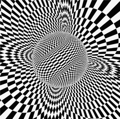 Trippy optical illusion with black and white checkered pattern, dynamic visual effect, abstract design