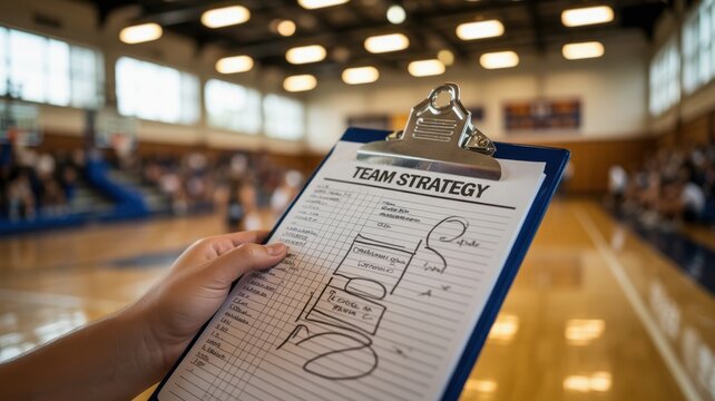 teen leadership sports concept. Coach holds a clipboard with game strategy in a gymnasium setting.