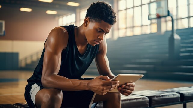 teen leadership sports concept. Focused athlete using a tablet in a gym setting.