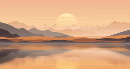 Mountain lake at dawn, morning light and sun, minimalist landscape, vector illustration © Valerii