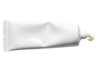 White blank tube of cosmetic cream with a small amount squeezed out on a transparent background