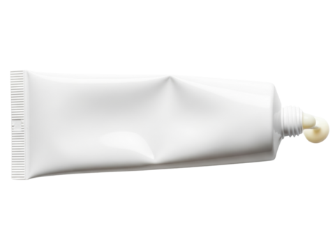 White blank tube of cosmetic cream with a small amount squeezed out on a transparent background
