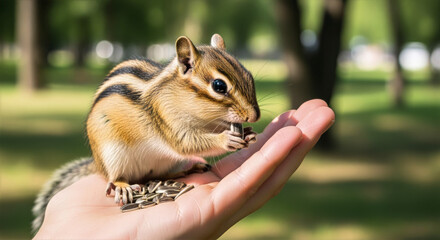 A chipmunk perched on a human hand eating seeds in a park with trees visible in the blurred background