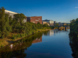 Karlin district reflected on Vltava river in Prague, Czech repub