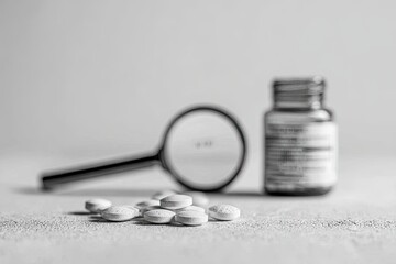 Pills Under Magnifying Glass in Monochrome