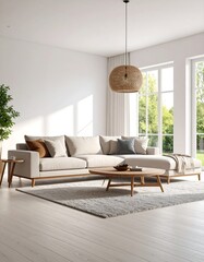 Fototapeta premium Modern living room with beige sectional sofa
