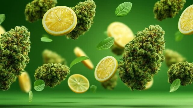 Creative cannabis buds with lemon slices  green leaves in levitation on green background.