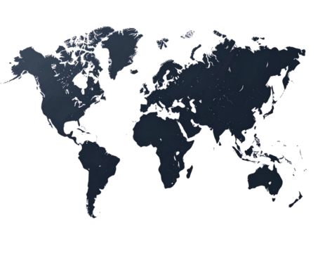 Minimal Flat World Map Silhouette in Solid Black, Modern Infographic Style, isolated on transparent background PNG