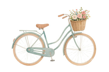Hand-drawn watercolor bicycle with flower basket, soft vintage pastel colors